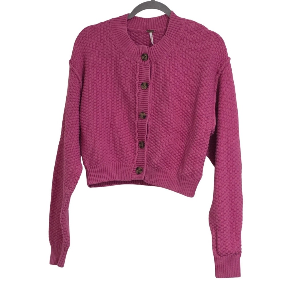 Free People Lila Cardigan Women Medium Pink Cropped  Knit Button Front Sweater
